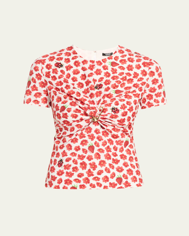 Twisted Safety-Pin Strawberry Garden Silk Georgette Blouse